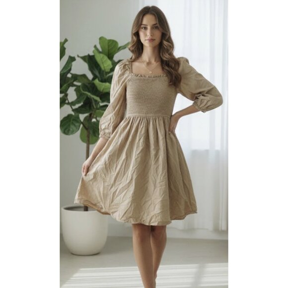 Mod Ref Dresses & Skirts - MOD REF Smocked Prairie Dress in Tan Beige Minimalist Trad Wife Cottagecore